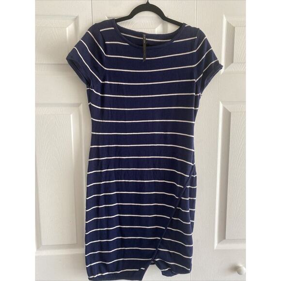 Andrew Marc New York Knit Striped Navy Dress Large Nautical Coastal - Picture 1 of 7